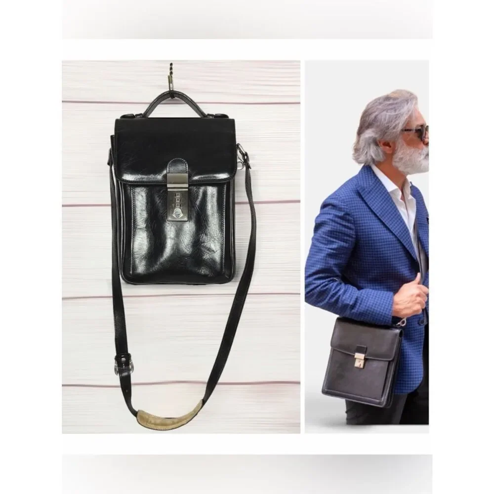 L.A.P.A. Florence Black Leather Vertical Briefcase  Italy Combination Lock
